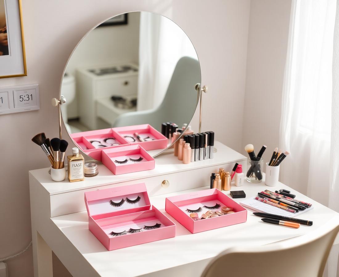 Makeup table with lash kits and beauty products